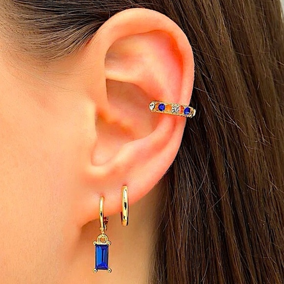 Gold Plated Cuff Earring Three Piece Sapphire Blue Minimalist Set - Picture 1 of 2